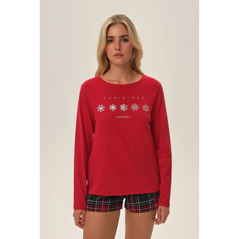 Pyjama de Noël festif en coton doux pour femme, ensemble élégant à motif de flocons et tartan, idéal pour les nuits d'hiver, cadeau romantique pour couple ou soin personnel