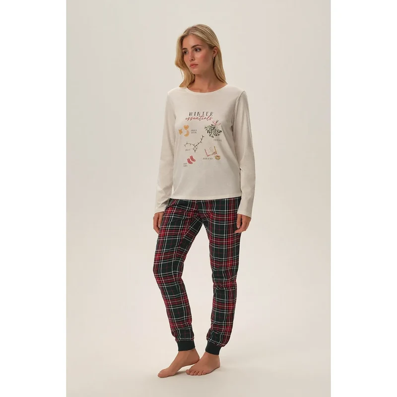 pyjama coton confortable détente intime hivernal imprimé manches longues encolure ronde pantalon carreaux rouge noir vert ourlets ajustés