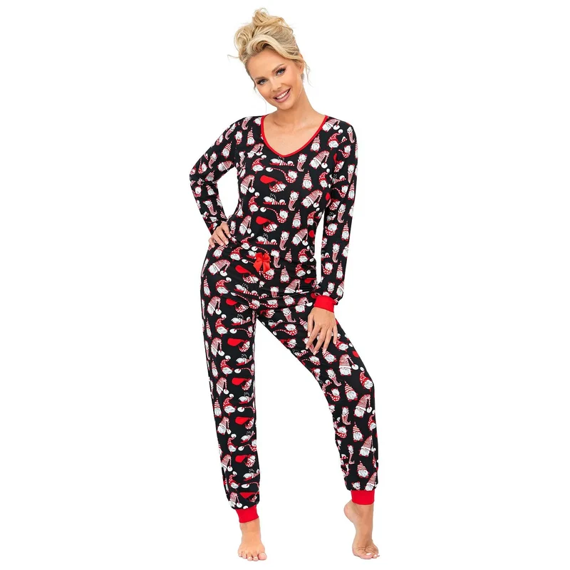 pyjama femme Noël motif cosy hiver manches longues col V poignets finis taille élastique nœud subtil tissu doux respirant ample