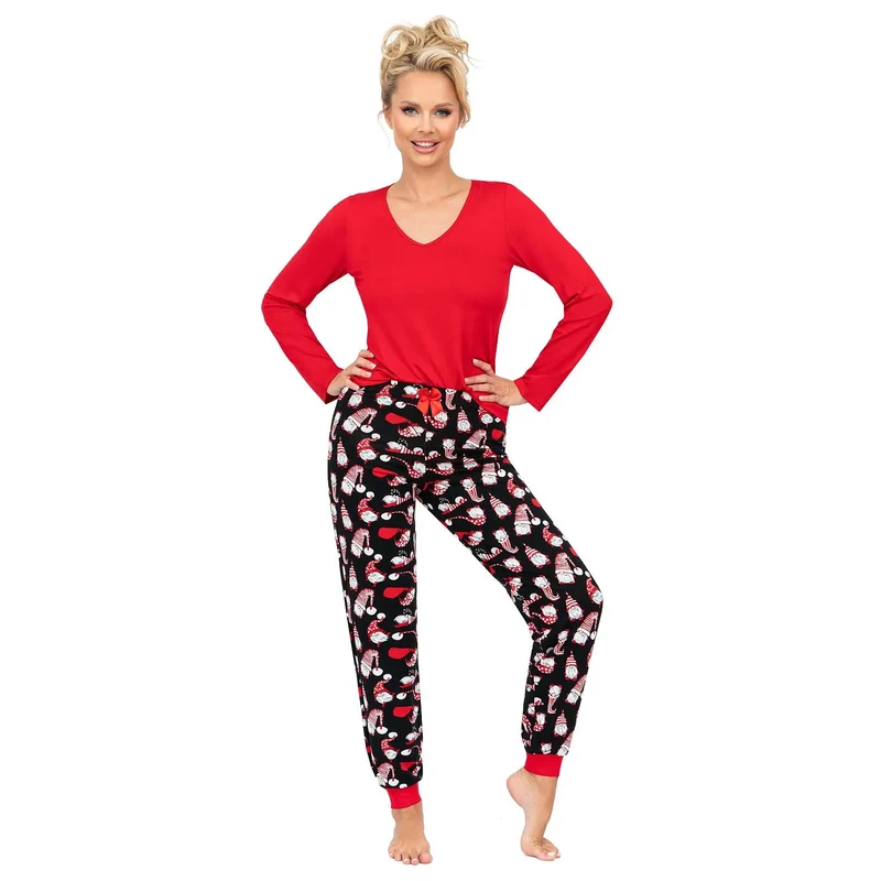 Pyjama femme érotique model 203468 Donna festif confort hiver manches longues décolleté V pantalon long impression festive élastique chevilles ceinture nœud taille