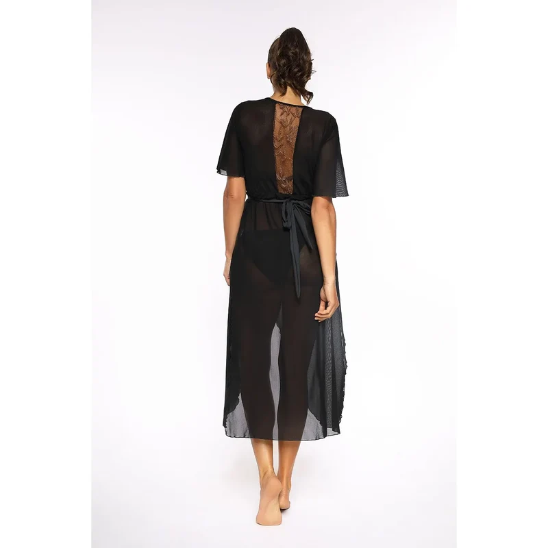 robe plage longue noire dorée dentelle épaules élégantes manches courtes fente latérale transparente légère fluide ajustable italienne Marko
