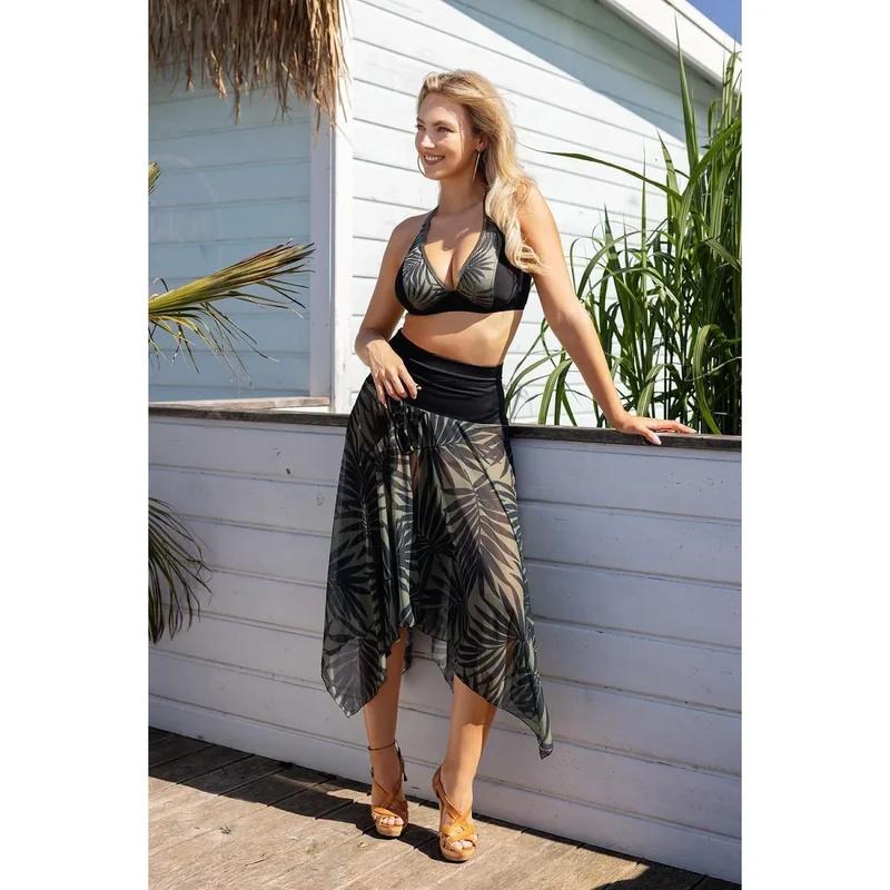 Tunique élastique noire motif végétal estivale sexy élégante extensible ajustable polyamide élasthanne polyvalente jupe plage soirée vacances chic