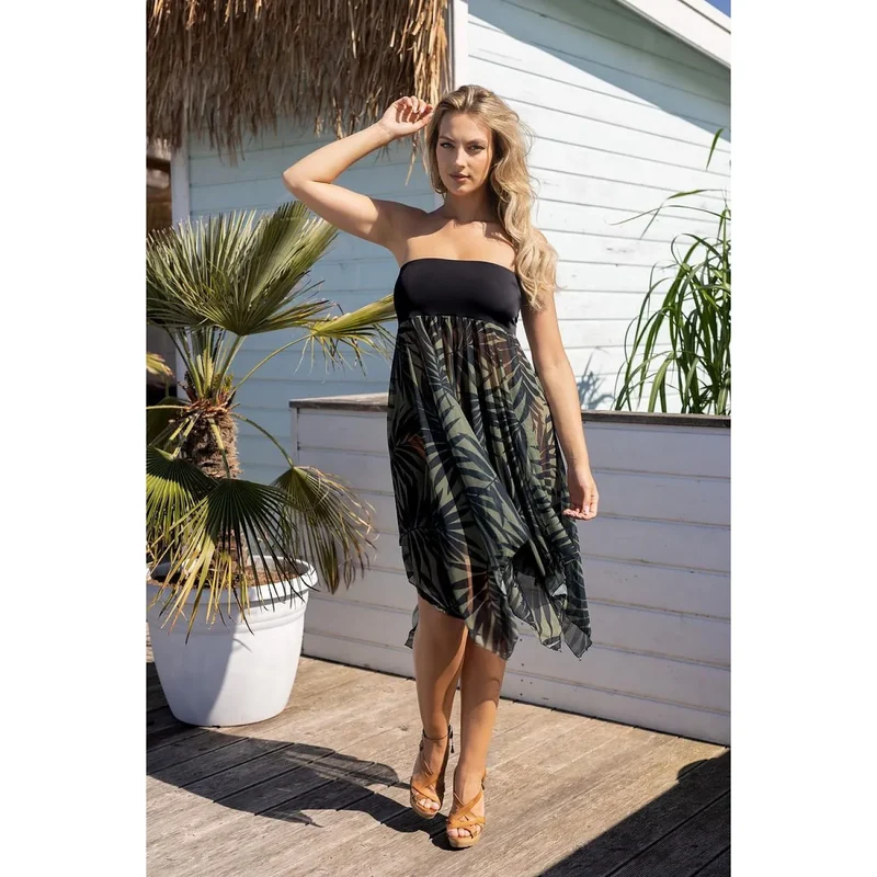 Tunique élastique noire motif végétal estivale sexy élégante extensible ajustable polyamide élasthanne polyvalente jupe plage soirée vacances chic