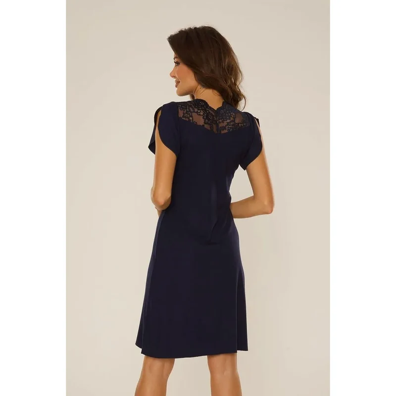 nuisette élégante dentelle manches courtes ajustée viscose élasthanne bleu marine encolure V nœud décoratif longueur genou respirante Lafense
