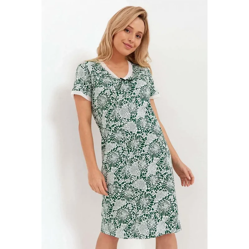 Chemise nuit élégante coton haute qualité manches courtes col rond noeud décoratif motif floral blanc vert foncé