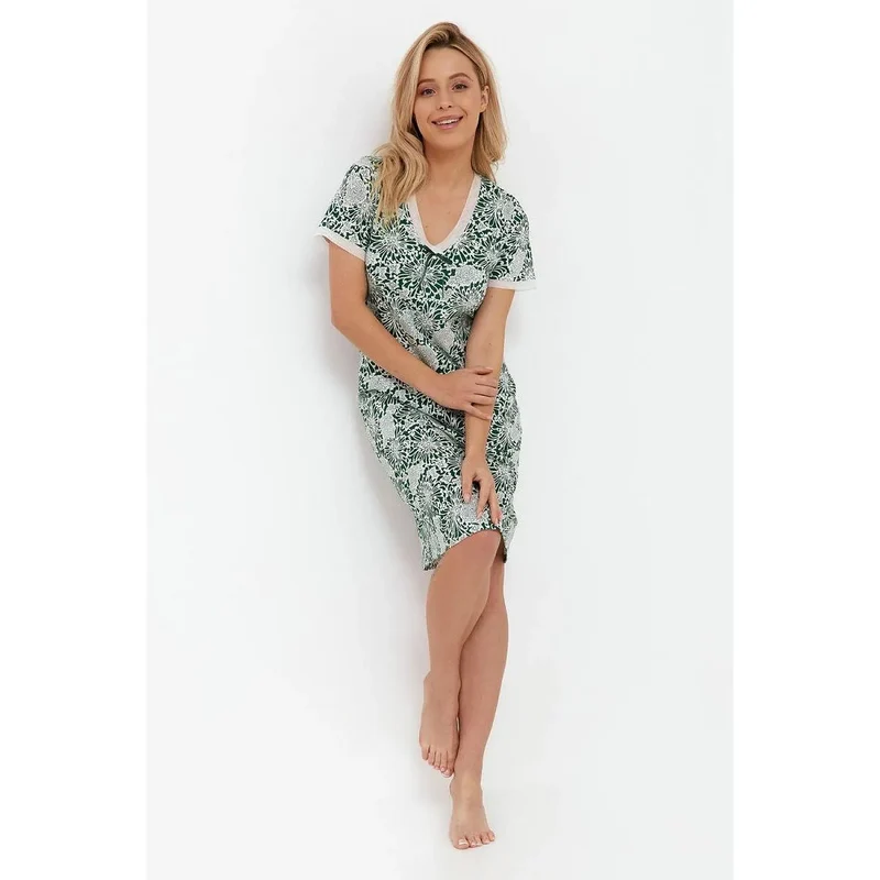 Chemise nuit élégante coton haute qualité manches courtes col rond noeud décoratif motif floral blanc vert foncé