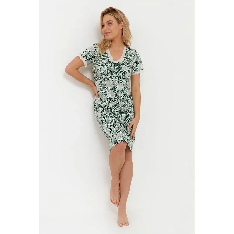 Chemise nuit élégante coton haute qualité manches courtes col rond noeud décoratif motif floral blanc vert foncé