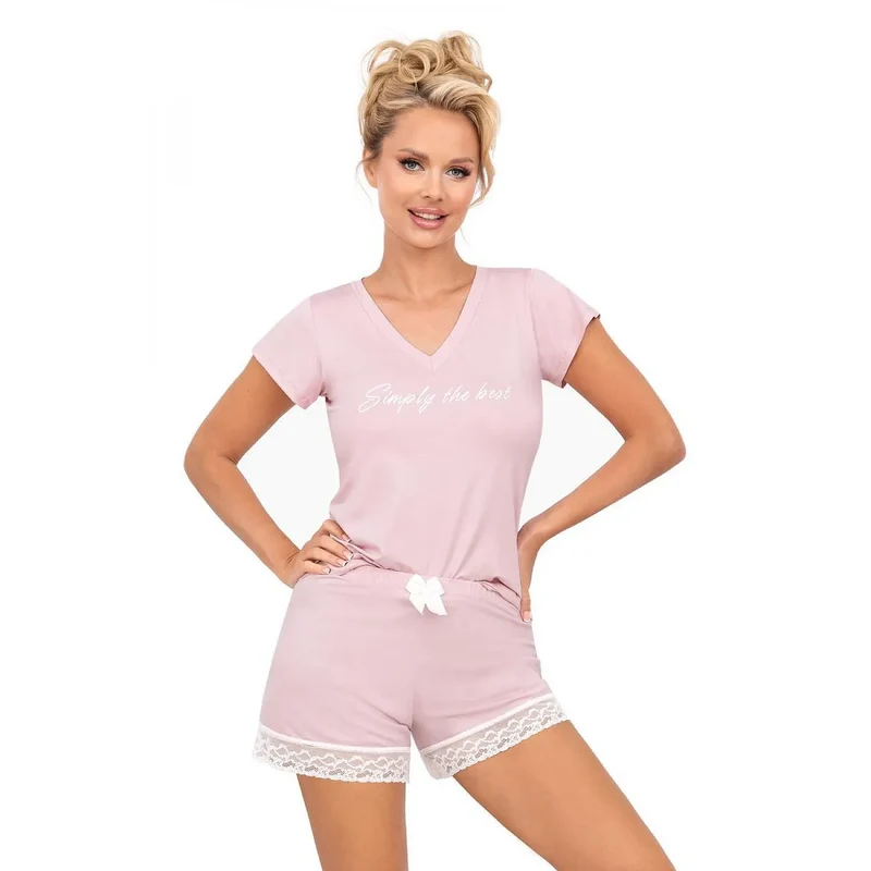 Pyjama femme élégant en tissu doux détails dentelle rose pâle short manches courtes V-neck Simply the best
