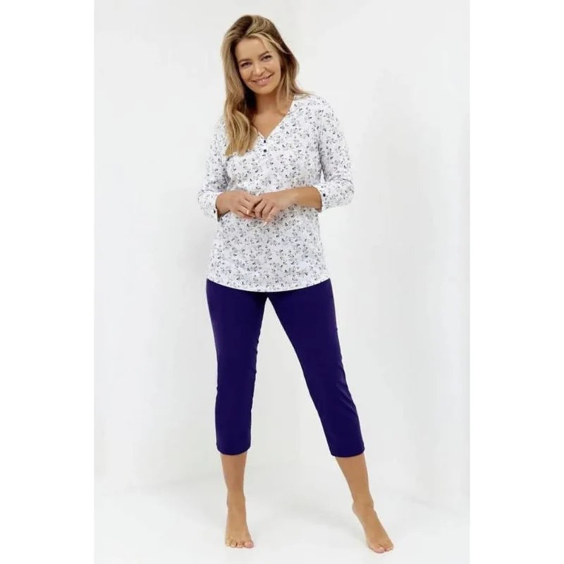 pyjama femme élégant confortable coton doux respirant manches troisquarts pantalon capri blanc floral violet colV déboutonnable moderne intemporel pratique détente