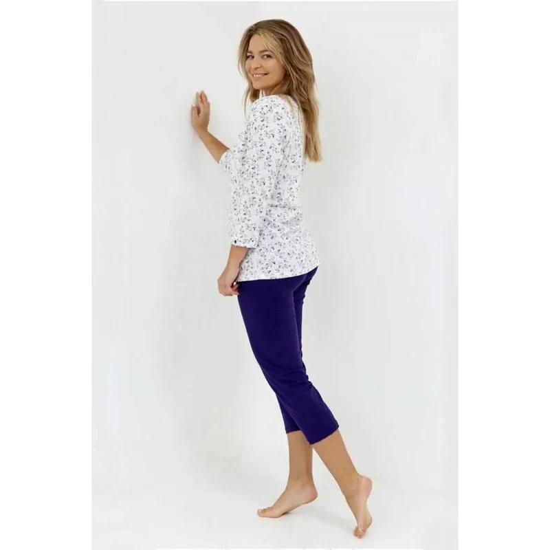 pyjama femme élégant confortable coton doux respirant manches troisquarts pantalon capri blanc floral violet colV déboutonnable moderne intemporel pratique détente