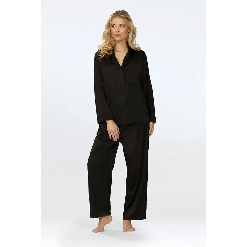 Pyjama satiné noir élégant pour femme model 196112 DKaren coupe ample pantalon long chemise manches longues
