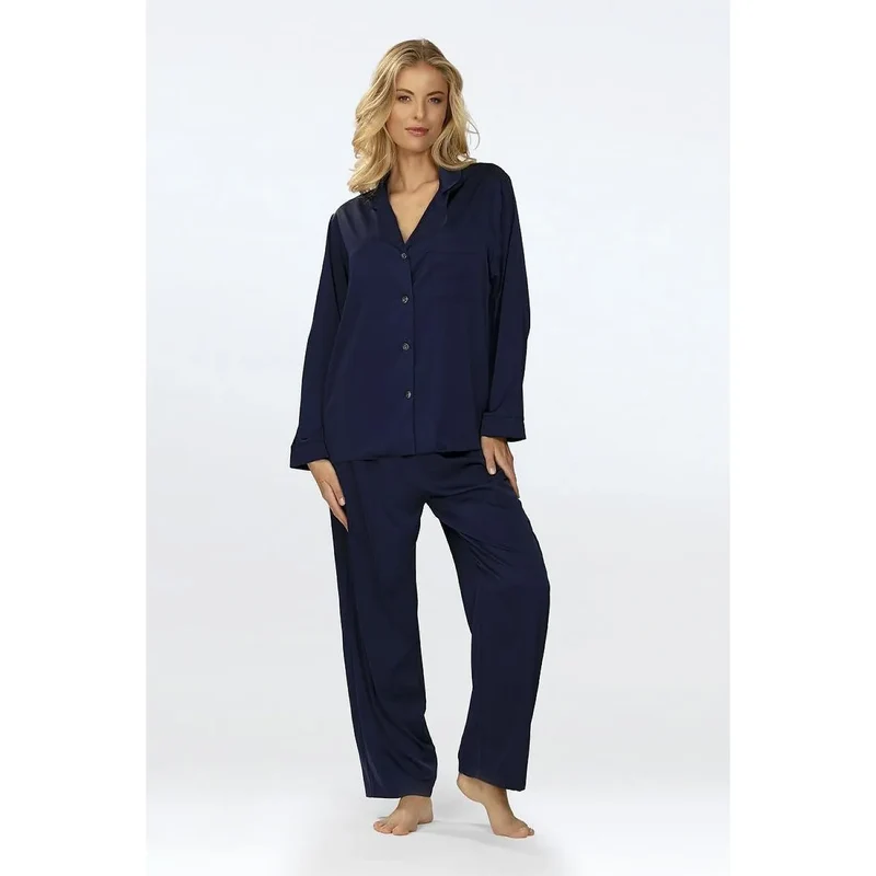 Pyjama Satinée de Luxe en Satin de Qualité Haute, Confort Élégant pour la Nuit, Design Classique à Col Revers, Manches Longues, Fermeture en Boutons, Taille Élastique, Couleur Marine, Idéal pour le Repos et le Confort Intime