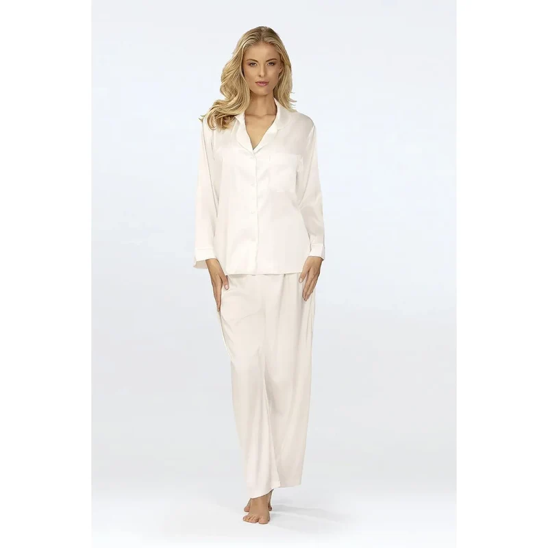 Pyjama satin Amina pantalon long chemise manches longues col revers boutons coupe ample fluide douceur velouté brillance subtile ivoire confortable