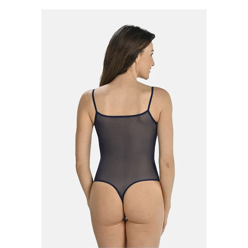 Body lingerie élégant transparent bleu maille ajustée bretelles élastiques fermetures réglables lingerie féminine sexy