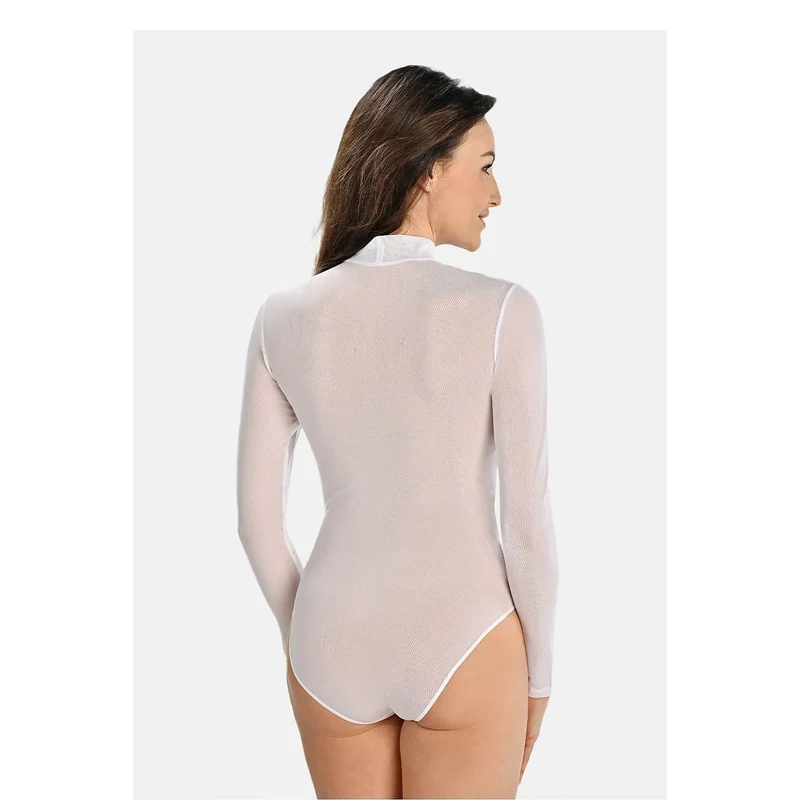 Body érotique maille blanche manches longues coupe ajustée col ras poignets jambes échancrées semi transparente nylon élasthanne confortable séduisant