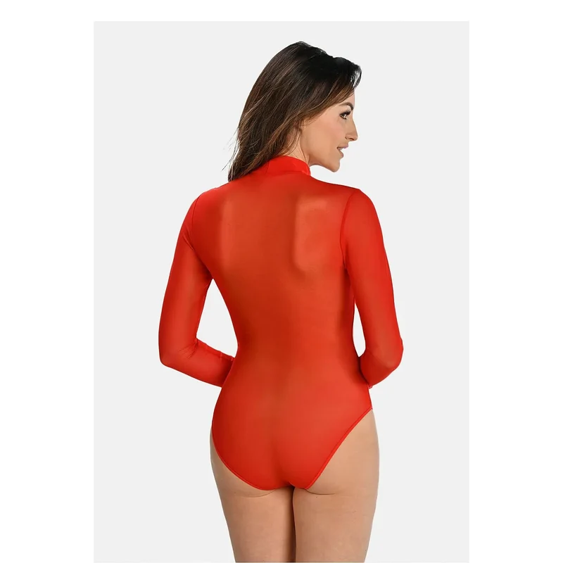 justaucorps maille transparente rouge moulant élégant longues manches col montant roulé ouverture poitrine culotte classique silhouette flatteuse