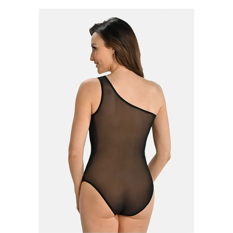Body asymétrique transparent maille noire lingerie érotique sexy encolure asymétrie épaule féminine silhouette sculptante ajustée légère réglable confortable