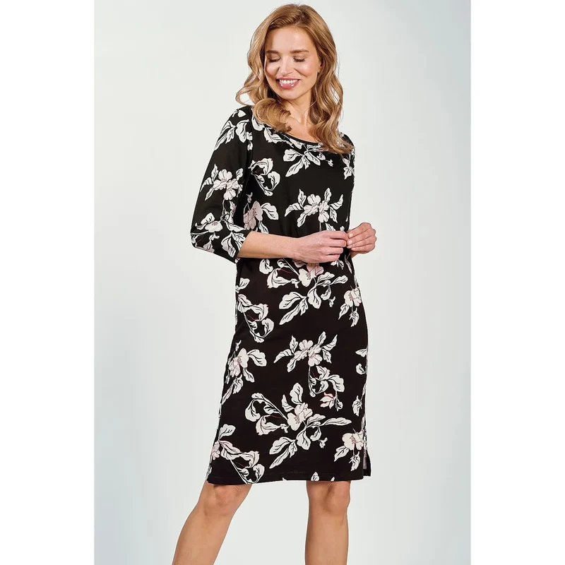 chemise nuit coton imprimé floral noir rose manches troisquarts longueur genou coupe droite ample encolure semicirculaire douce respirante élégante