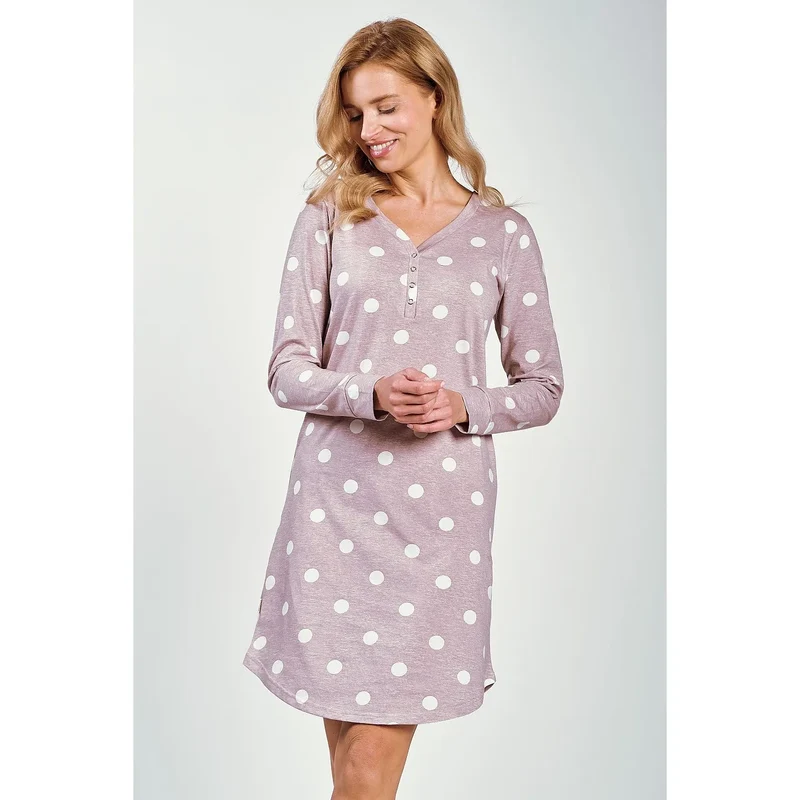 Chemise de nuit élégante et confortable à encolure V manches longues tissu doux imprimé rose pâle pois blancs