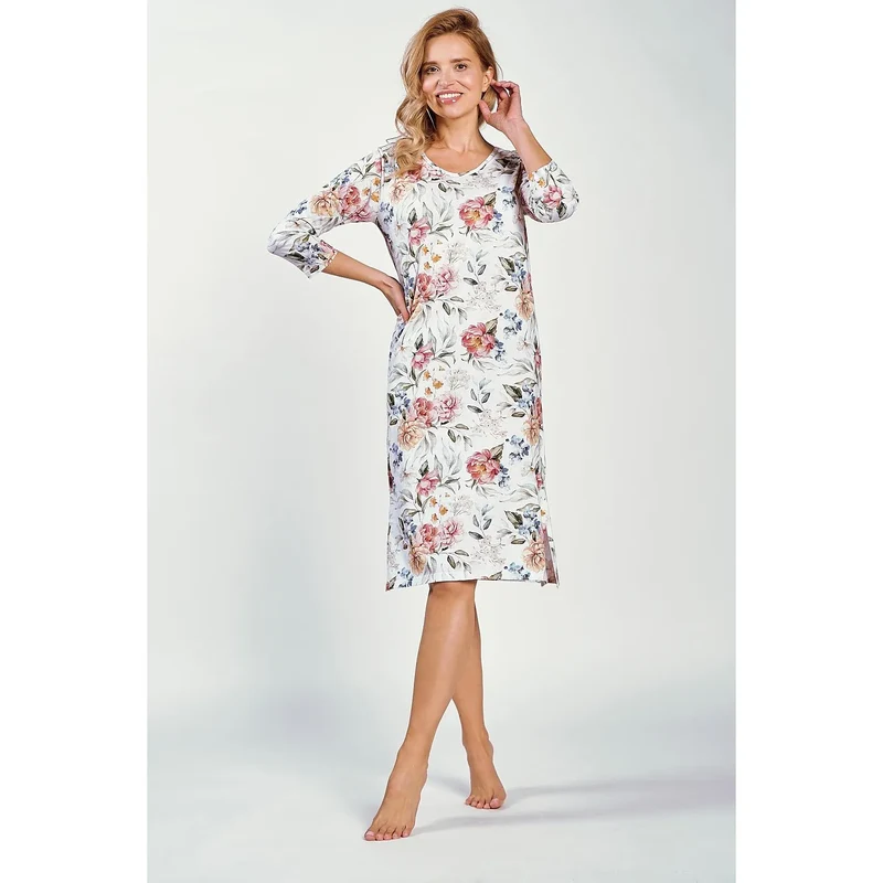 chemise nuit élégante confortable Taro modèle199051 encolure semicirculaire coupe ample tissu imprimé doux aéré manches troisquarts fentes latérales