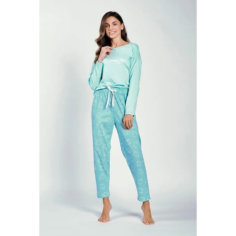 pyjama femme confort manches longues col bateau bleu clair pantalon imprimé motifs blancs taille élastique cordon blanc coton doux respirant