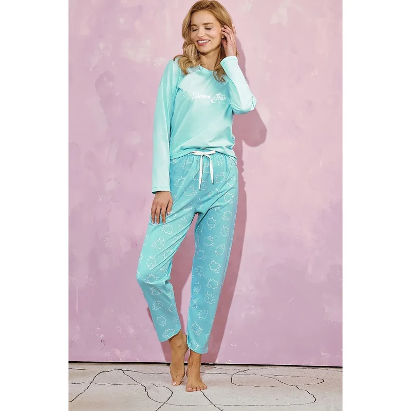 pyjama femme confort manches longues col bateau bleu clair pantalon imprimé motifs blancs taille élastique cordon blanc coton doux respirant