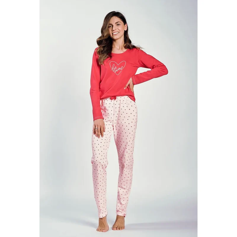 pyjama deux pièces femme romantique confort rouge rose col rond manches longues motif coeur tissu doux ceinture élastiquée coupe ample