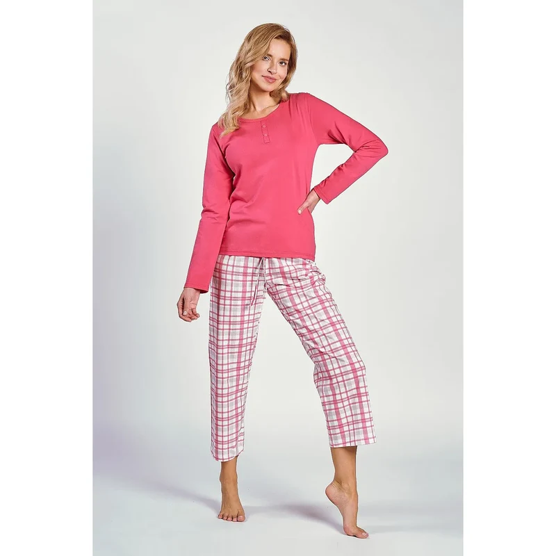 pyjama femme coton rose vif carreaux blancs chemisette manches longues encolure ronde boutons décoratifs coupe ample pantalon respirant élégant