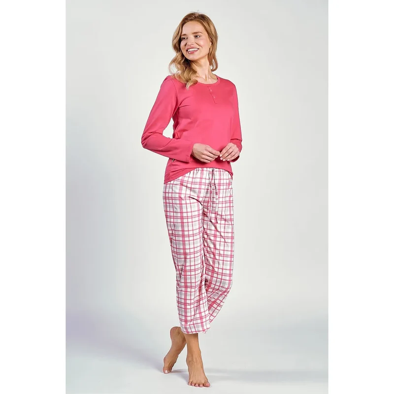 pyjama femme coton rose vif carreaux blancs chemisette manches longues encolure ronde boutons décoratifs coupe ample pantalon respirant élégant