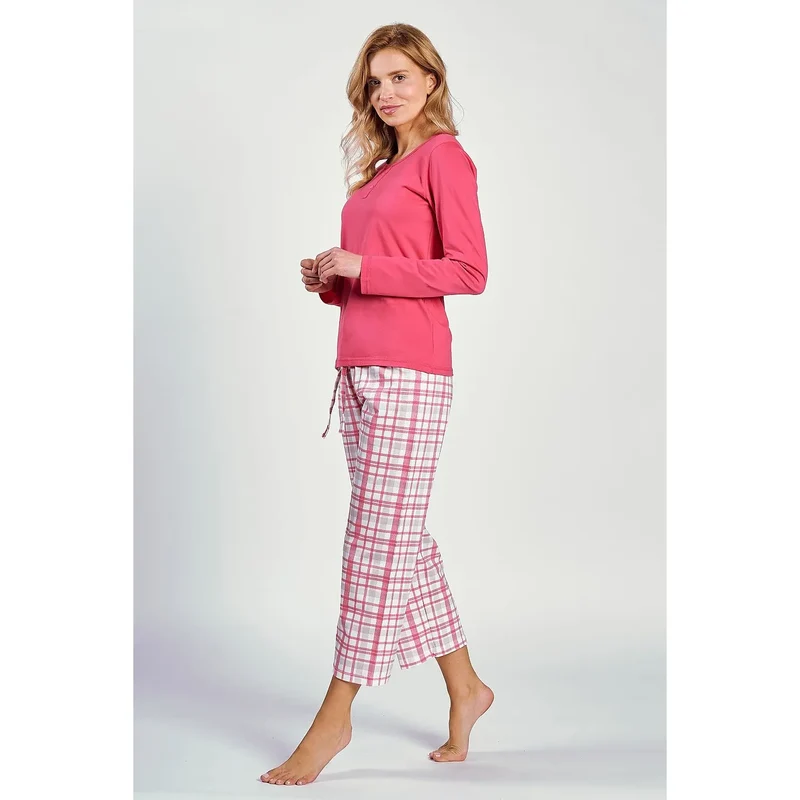 pyjama femme coton rose vif carreaux blancs chemisette manches longues encolure ronde boutons décoratifs coupe ample pantalon respirant élégant