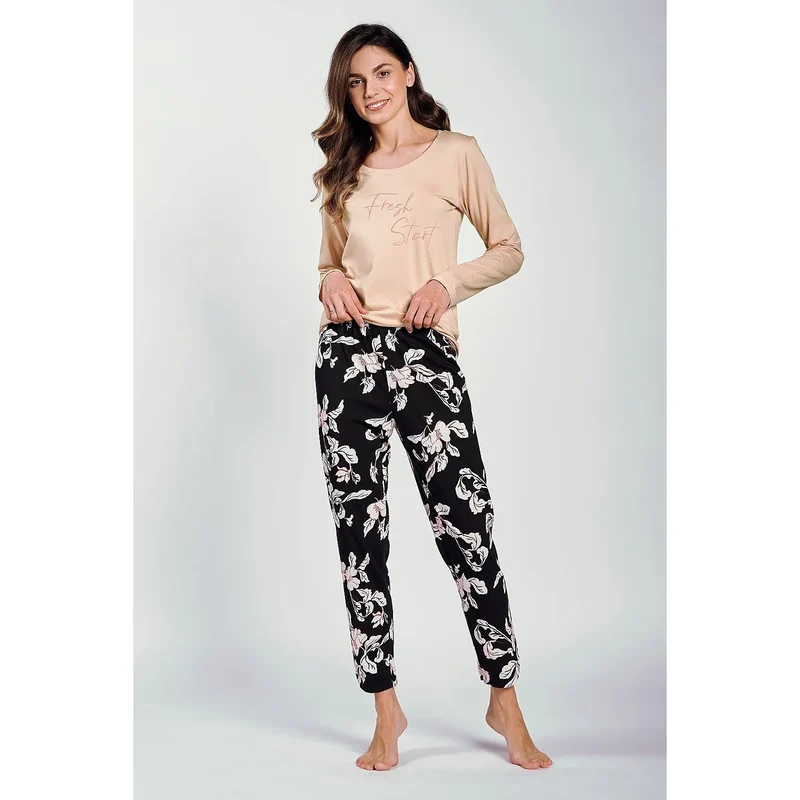Pyjama model 199042 Taro pour femmes élégant et confortable pyjama nuit fraîche chemisier manches longues pantalon long imprimé délicat encolure semi-circulaire ceinture élastique ajustement parfait