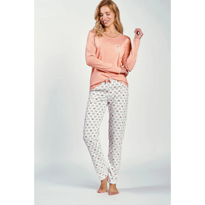 Pyjama femme élégant et confortable Taro 199039 chemisier manches longues pantalon motif animal coton pastel détente soirée
