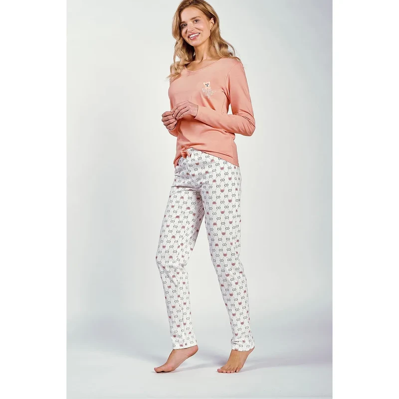 Pyjama femme élégant et confortable Taro 199039 chemisier manches longues pantalon motif animal coton pastel détente soirée