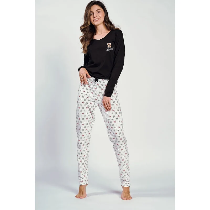 pyjama soie satinée sexy féminin chemisier manches longues pantalon motif répétitif contraste noir blanc coloré ceinture élastique respirant doux