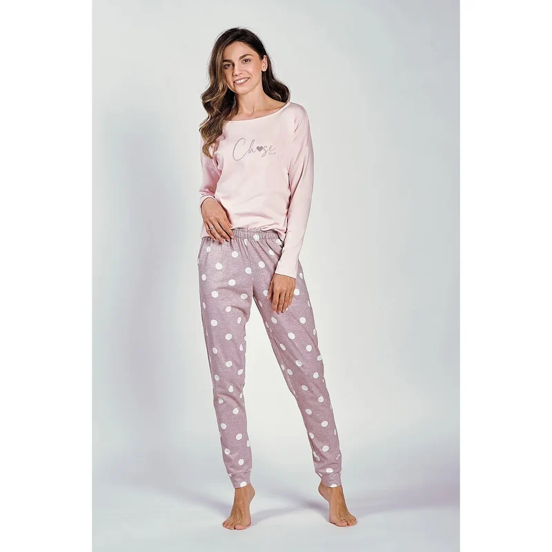 pyjama femme confort détente rose pâle pois blancs manches longues col rond pantalon élastique coton élasthanne douceur pochette cadeau ajusté