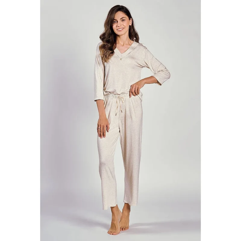 Pyjama femme confortable en viscose et lin mélange 199030 Taro coupe ample manches 3/4 encolure V pantalon droit taille élastique noeud papillon