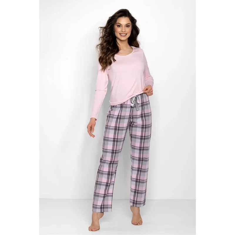 pyjama doux élégant femme ensemble intérieur confortable intemporel manches longues pantalon carreaux rose gris blanc taille élastiquée coton