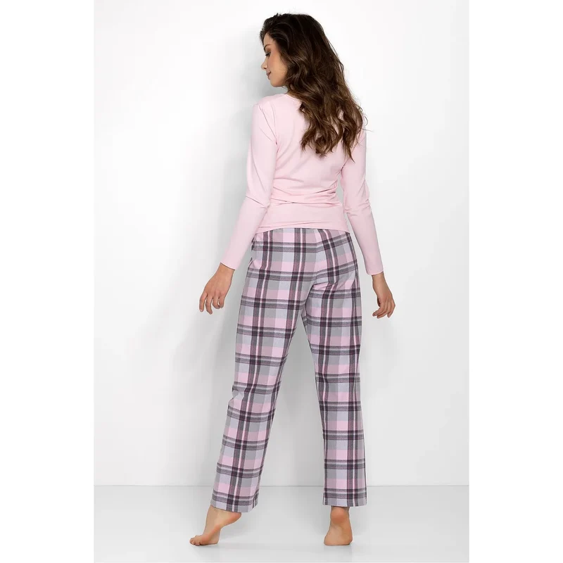 pyjama doux élégant femme ensemble intérieur confortable intemporel manches longues pantalon carreaux rose gris blanc taille élastiquée coton