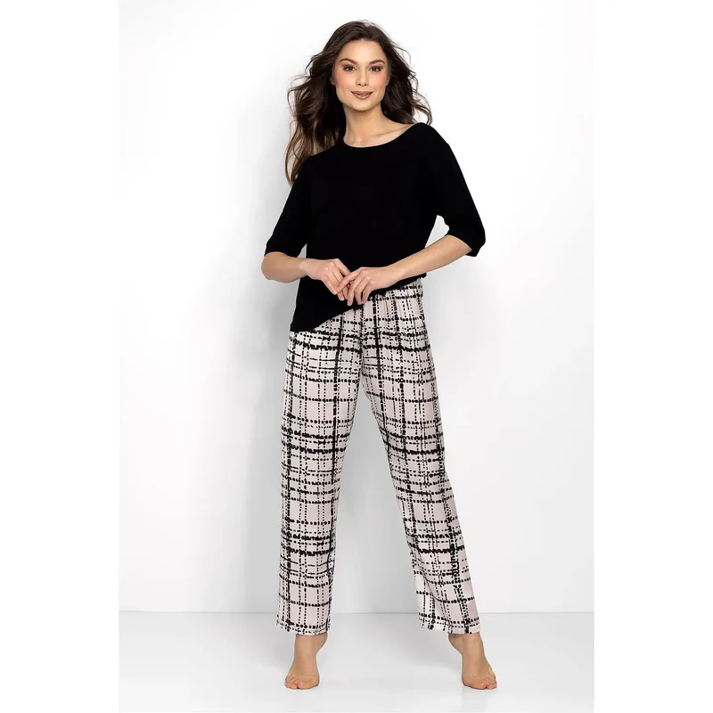Pyjama en satin viscosité pour femme, lingerie élégante, pyjama ample à manches 3/4, pantalon à carreaux, matière douce, tenue de détente, cadeau intime