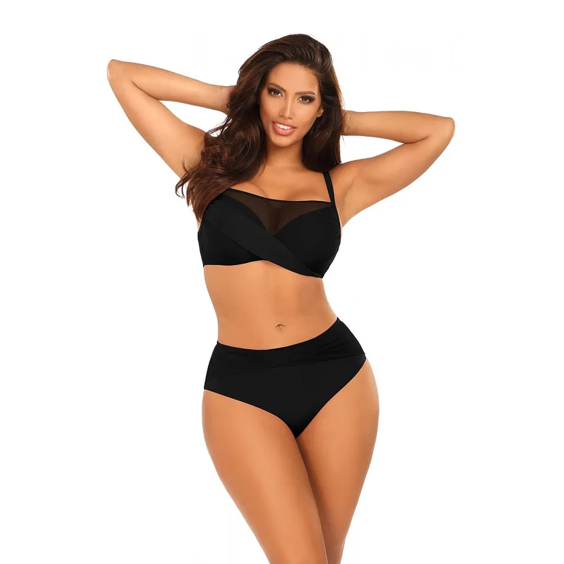 Maillot de bain deux pièces Bardot style maille mesh transparente taille haute高品質élégant soutien-gorge armatures rembourrées culotte haute Barontex