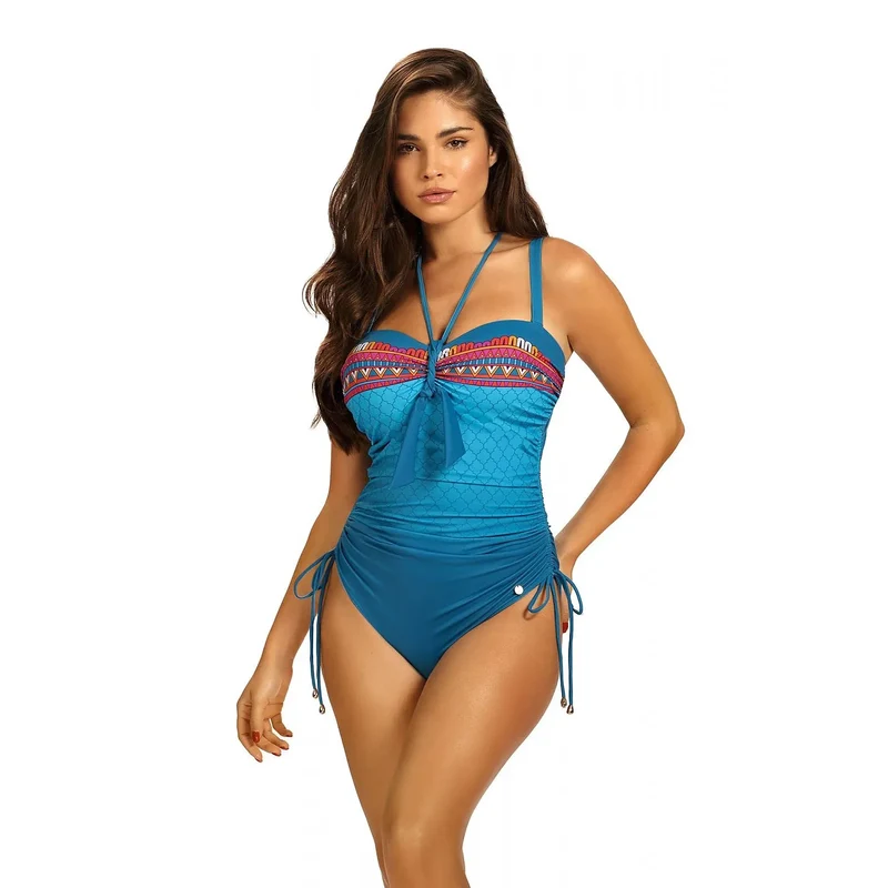 Maillot bain pièce Barontex galbant rembourré bretelles amovibles réglables cordon serrage côtés maintien poitrine motifs géométriques turquoise résistant chlore