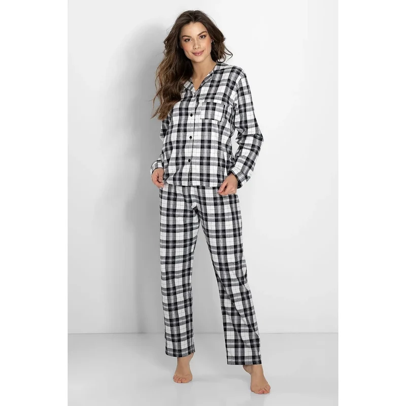 Pyjama femme en coton舒适, motif carreaux noir gris blanc, chemise longues manches, pantalon élastique, relaxation dormir, made in Poland