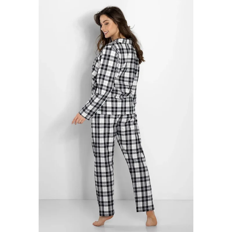Pyjama femme en coton舒适, motif carreaux noir gris blanc, chemise longues manches, pantalon élastique, relaxation dormir, made in Poland