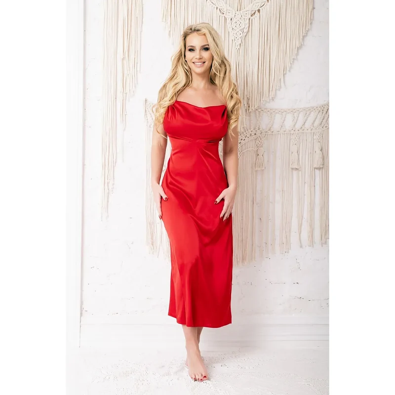 nuisette satin rouge longue ajustée féminine sensuelle glamour encolure drapée bretelles réglables soyeuse brillante confortable hypoallergénique Kalimo