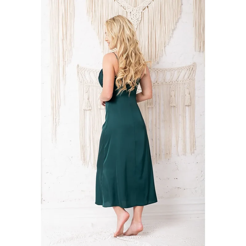 Chemise de nuit élégante en satin érotique longue robe de soie drapée neckline vert émeraude lingerie sexy Kalimo