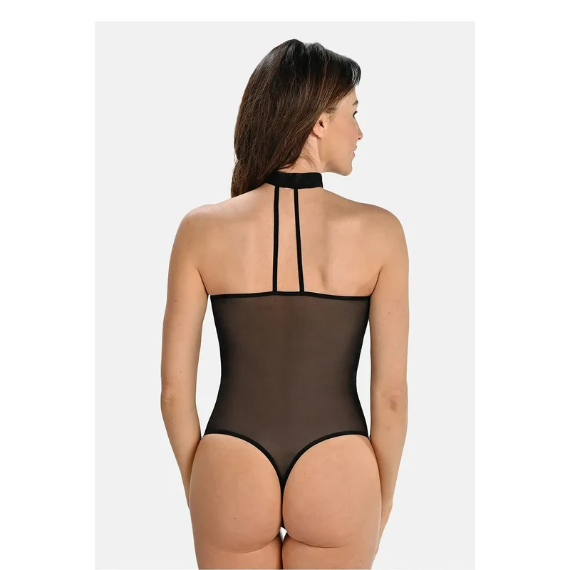 body lingerie sexy féminin noir maille transparent extensible respirant moulant maintien col haut sans bretelles élégant sophistiqué sensuel confortable ajustable