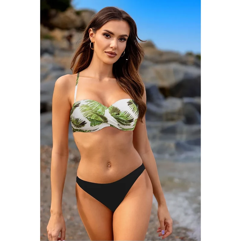 Maillot de bain deux pièces model 194919 Etna bandage push-up rembourré soutien-gorge bretelles amovibles motif feuilles vertes bikini noir plage piscine femmes