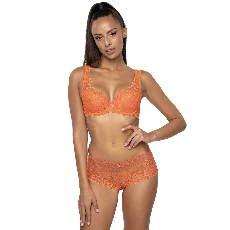 Shorts en dentelle floral femme sexy taille élastique nœud décoratif orange vif lingerie élégante féminine occasion spéciale