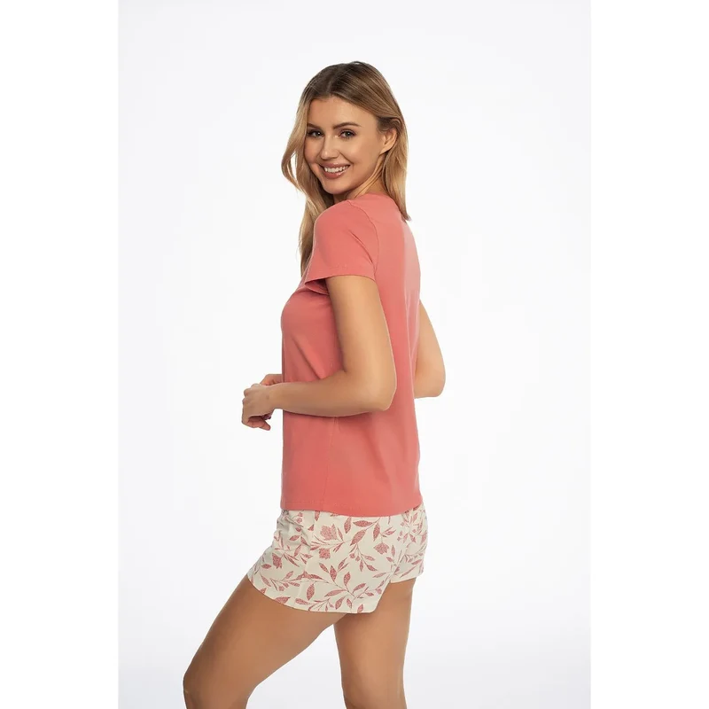 Pyjama femme confortable stylé été maille coton respirant léger haut manchescourtes colrond corail short tailleélastique motifs feuilles blanccassé