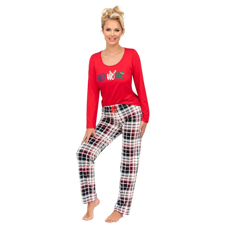 Pyjama femme festif Noël Ho Ho Ho renne motif carreaux coton polyester confort intérieur cadeau Noel lingerie nuit
